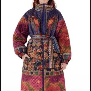 FARM RIO MIXED PATCHWORK MIDI REVERSIBLE PUFFER JACKET. EUC SIZE XS